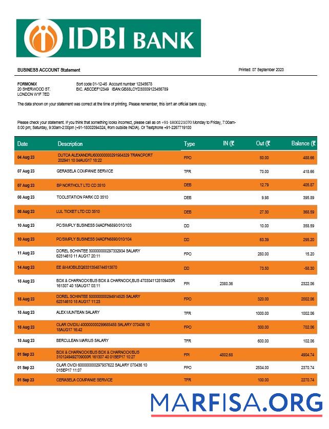 Printable IDBI Bank enterprise account statement Word and PDF template